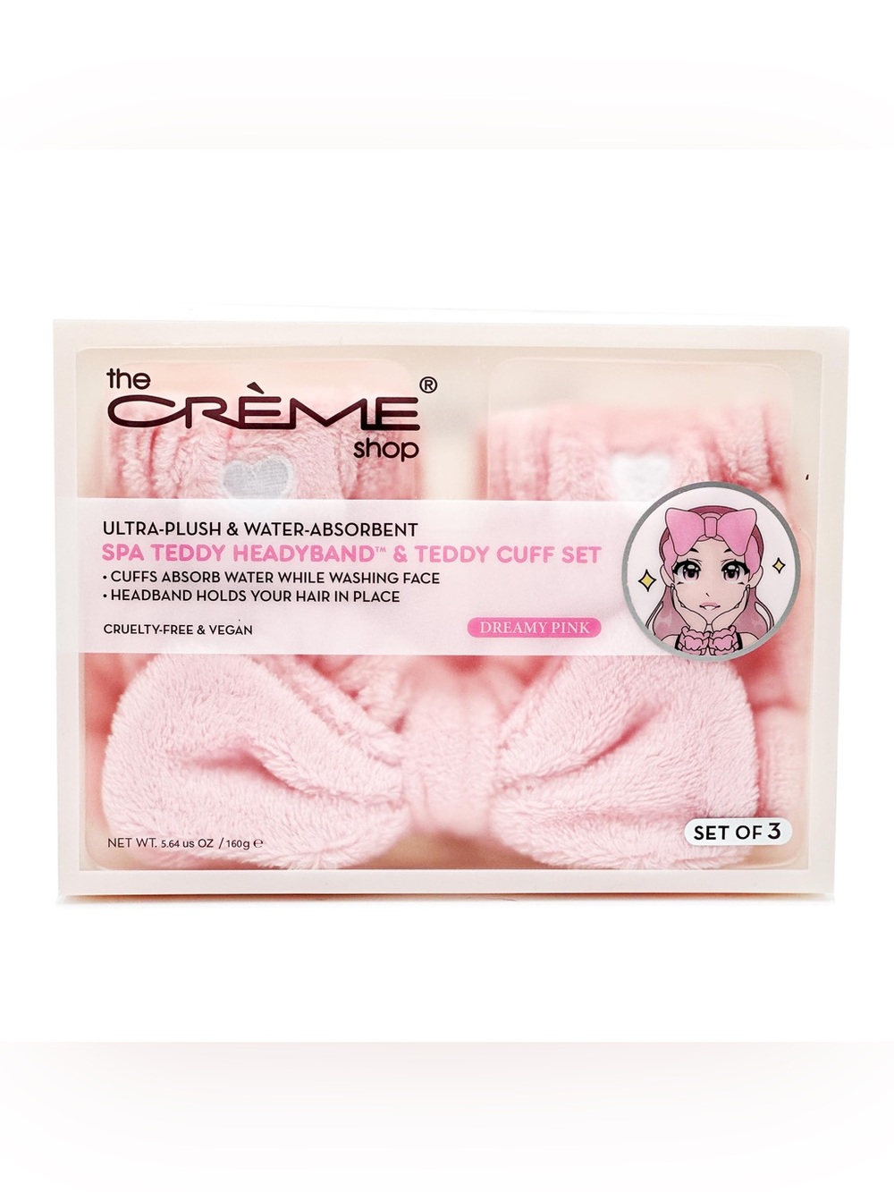 The Crème Shop Set of Teddy Bow Spa Plush Headband and Wrist Cuffs